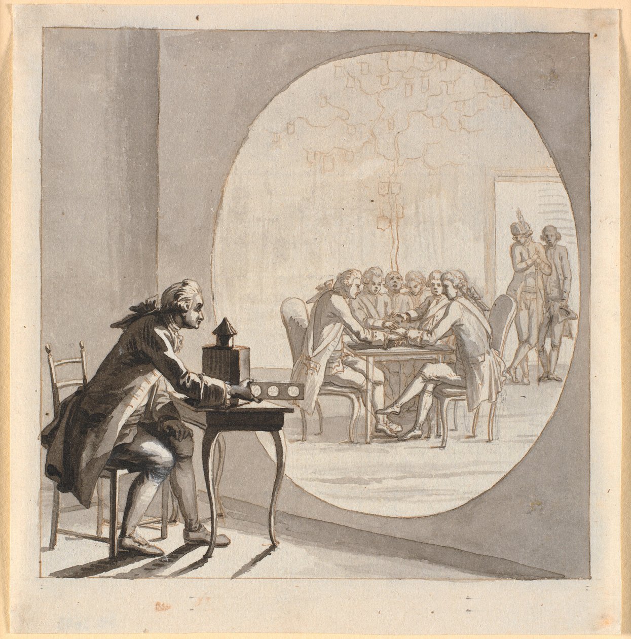 En mand med et laterna magica viser et billede af gehejmestatsrådet af Nicolai Abildgaard