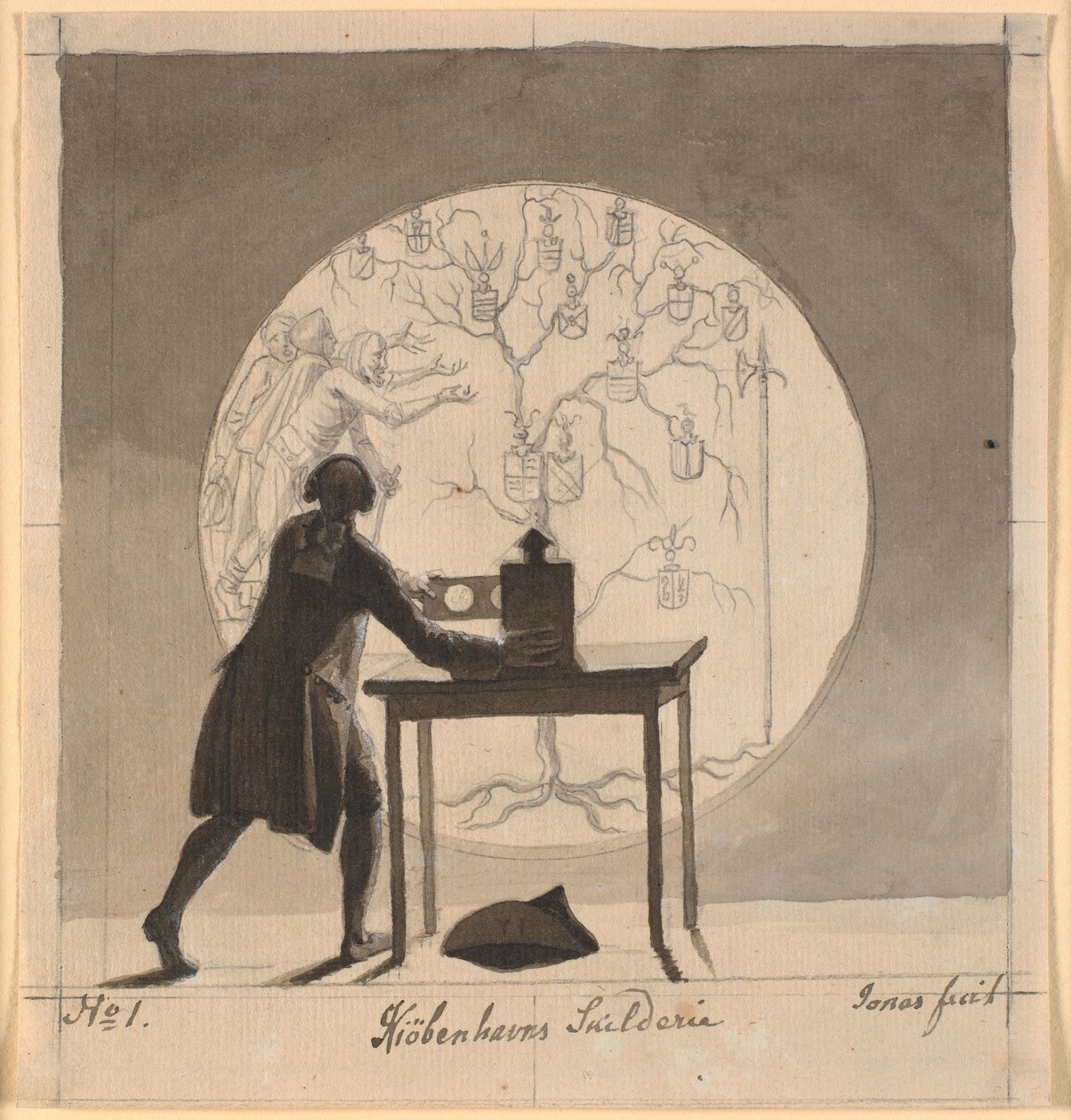 En mand med et laterna magica viser et udgået stamtræ af Nicolai Abildgaard