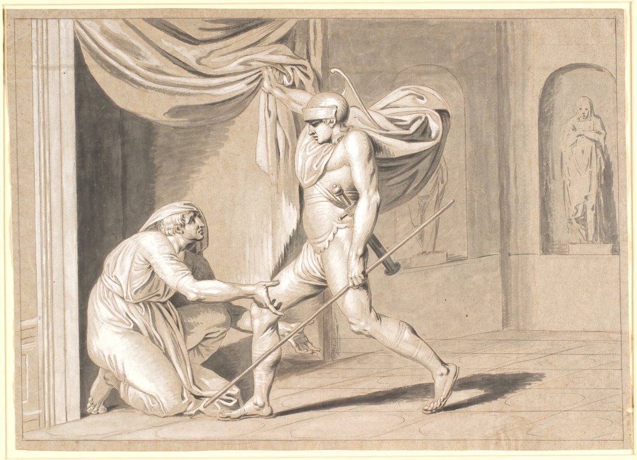 En soldat finder Claudius, der frygter for at blive Kejser, gemt bag et gardin af Nicolai Abildgaard