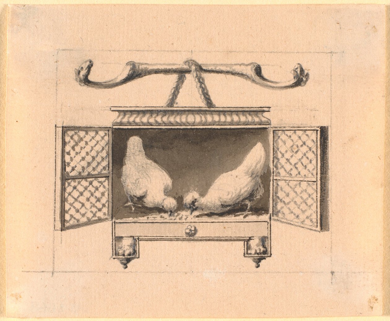 Et par høns i et bur pikker korn op af Nicolai Abildgaard