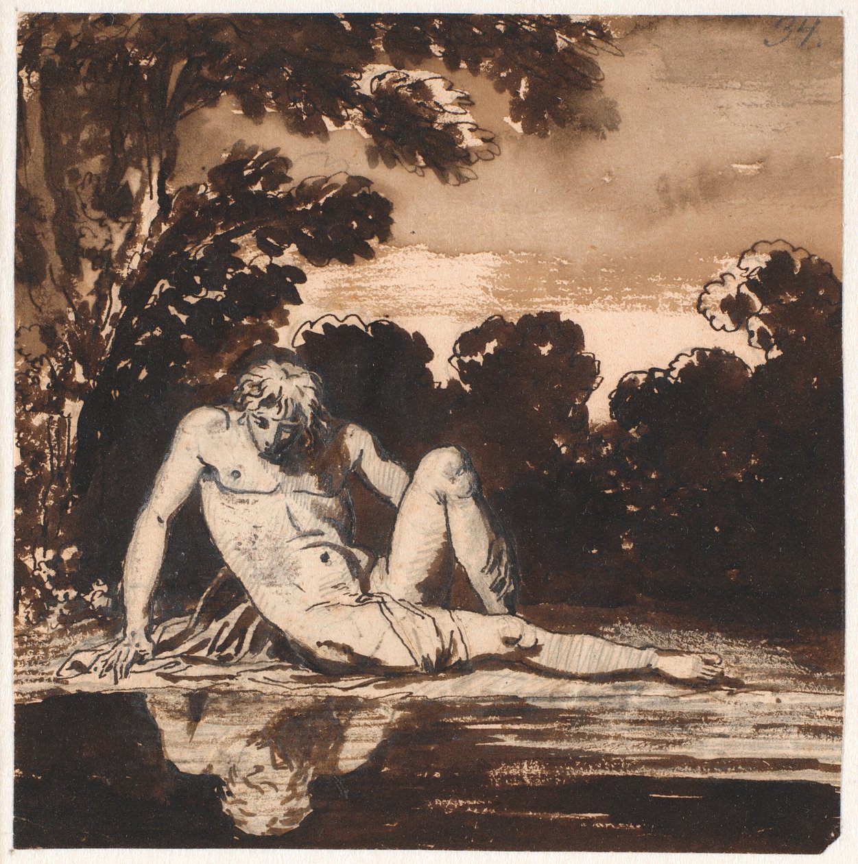 Hyachinthos, Apollons yngling, Narcissus, hvilende ved bækken af Nicolai Abildgaard