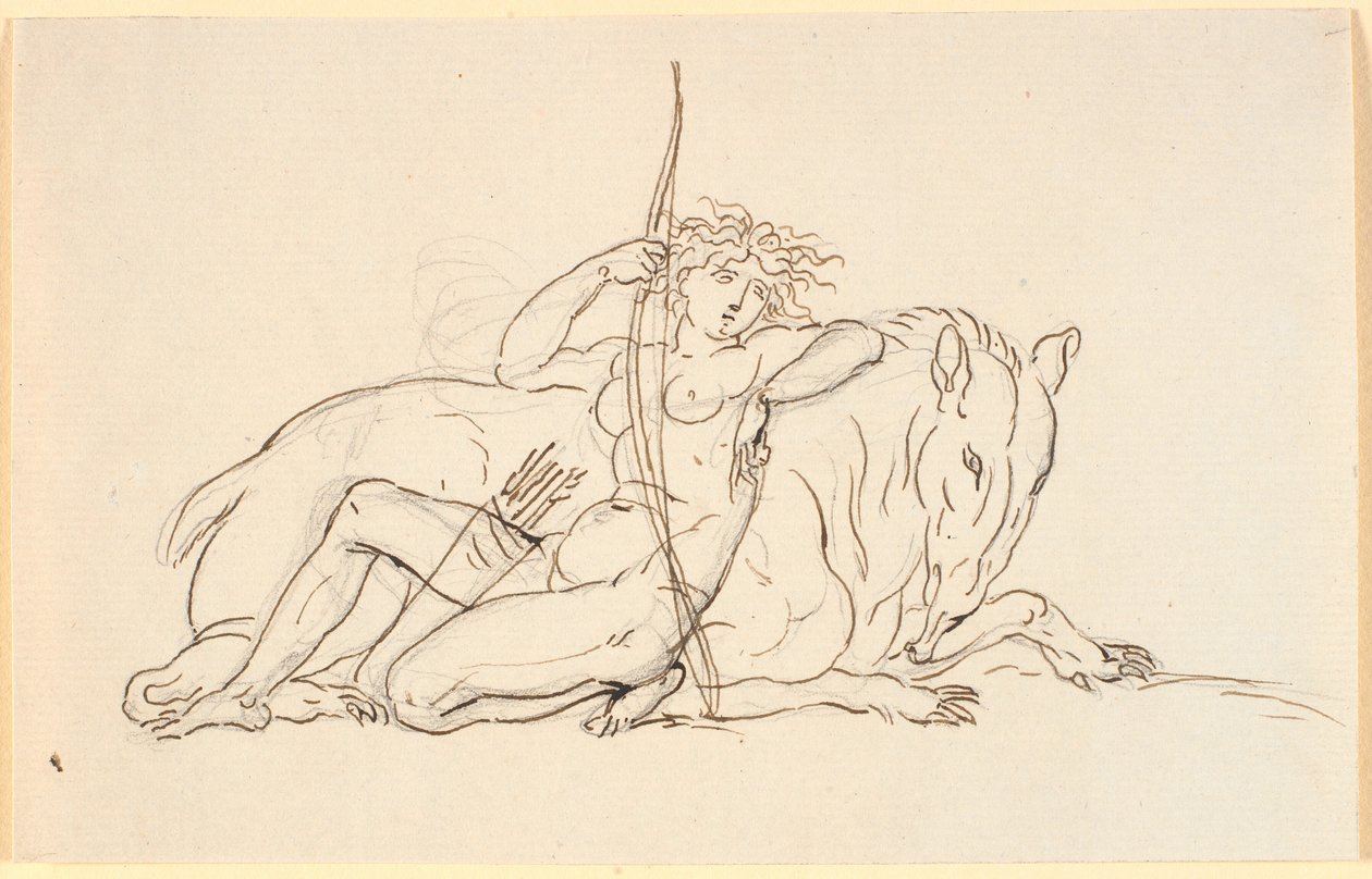Kvindefigur med pile og kogger, siddende lænet mod et fantasi dyr (muligvis en myresluger). Allegori på Amerika af Nicolai Abildgaard