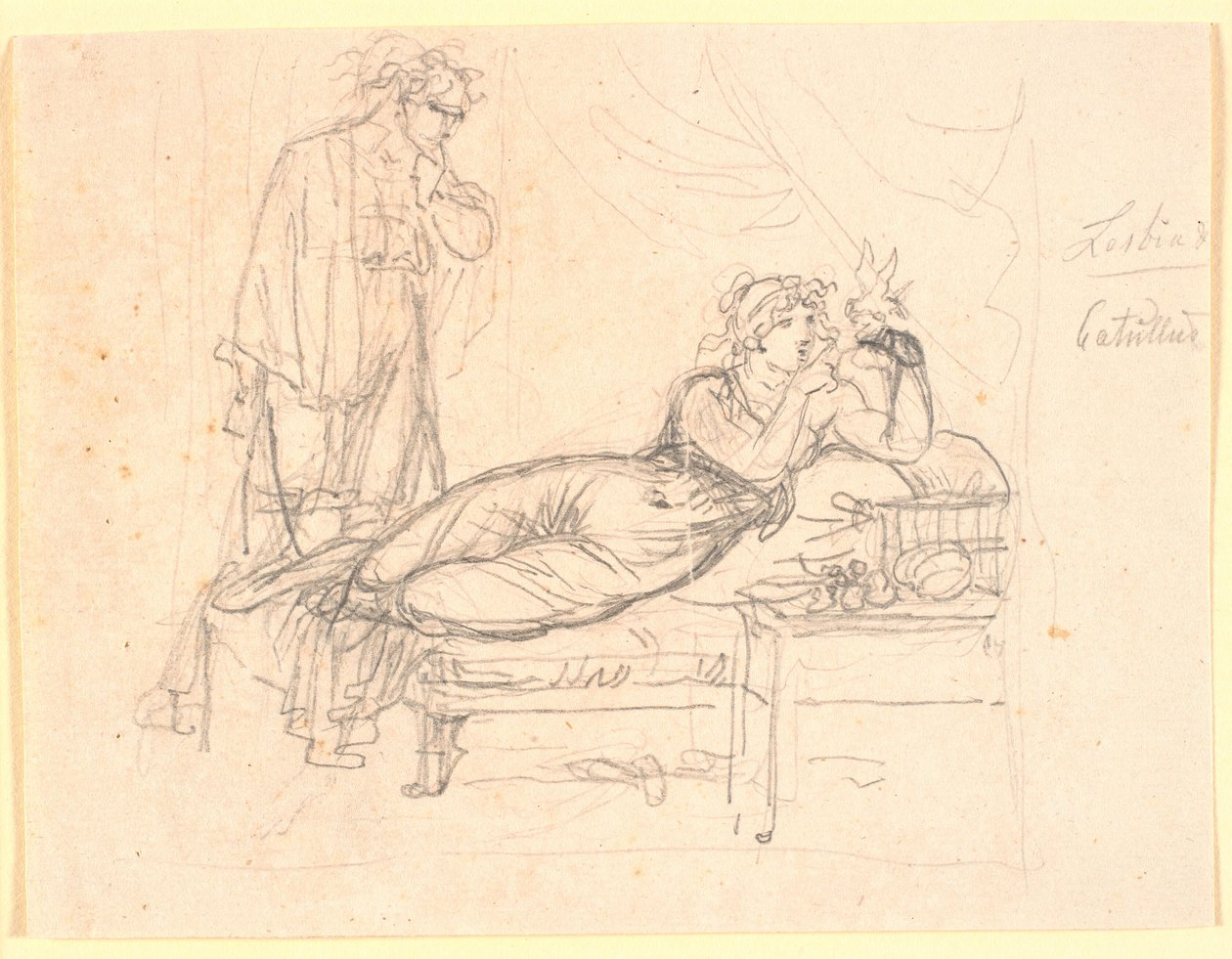 Lesbia og Catullus. Lesbia ligger, holdende en fugl på venstre hånd. Catullus står bagved af Nicolai Abildgaard