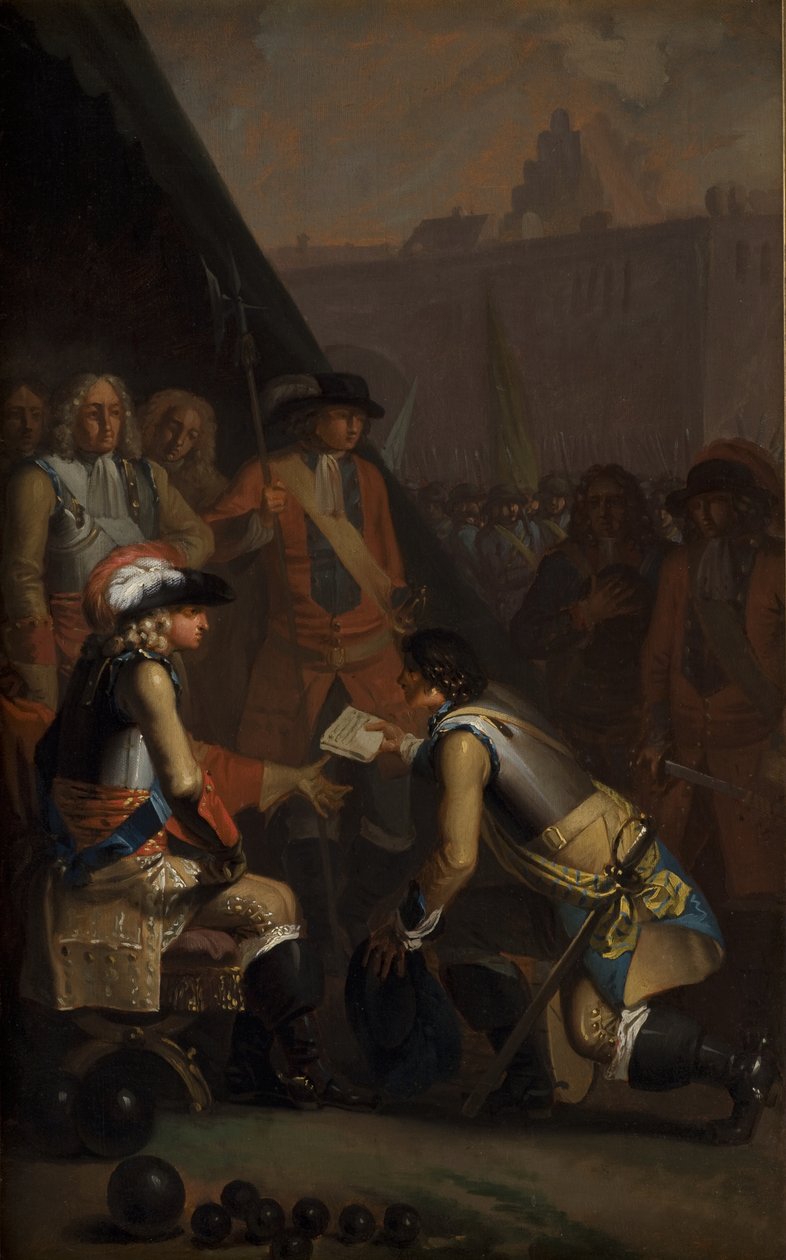 Magnus Stenbock overgiver fæstningen Tønningen til Frederik IV i 1714 af Nicolai Abildgaard