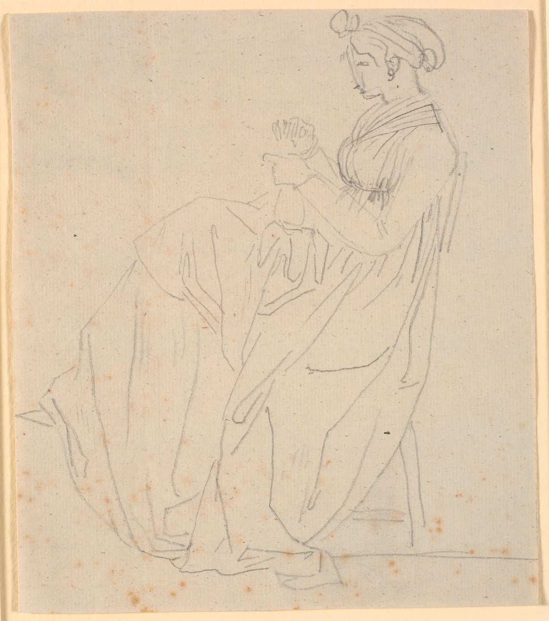 Profilbillede af kunstnerens anden hustru Juliane Marie Abildgaard f. Ottesen, siddende med sytøj, hel figur af Nicolai Abildgaard