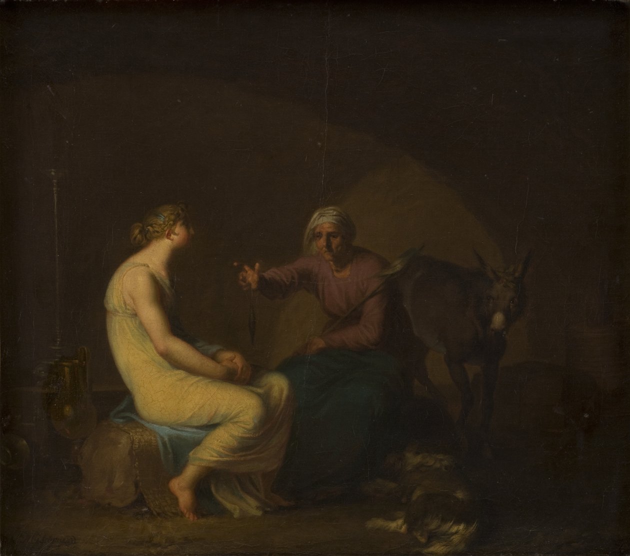 Røverbandens husholderske trøster den unge pige ved at fortælle myten om Amor og Psyche. Motiv fra Apulejus: Det gyldne æsel af Nicolai Abildgaard