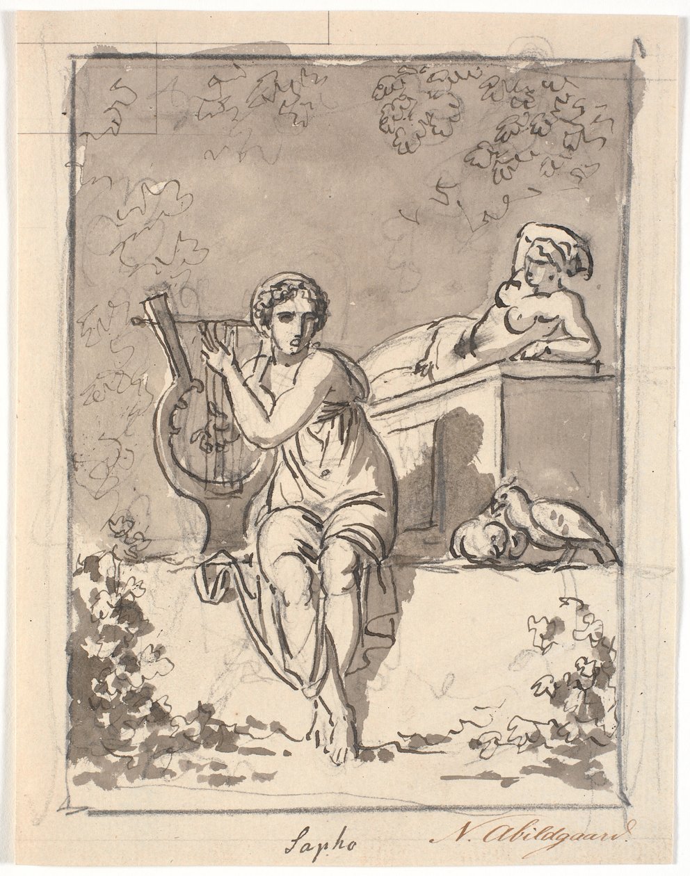 Sappho, siddende med sin lyre, i baggrunden hviler en hermafrodit af Nicolai Abildgaard
