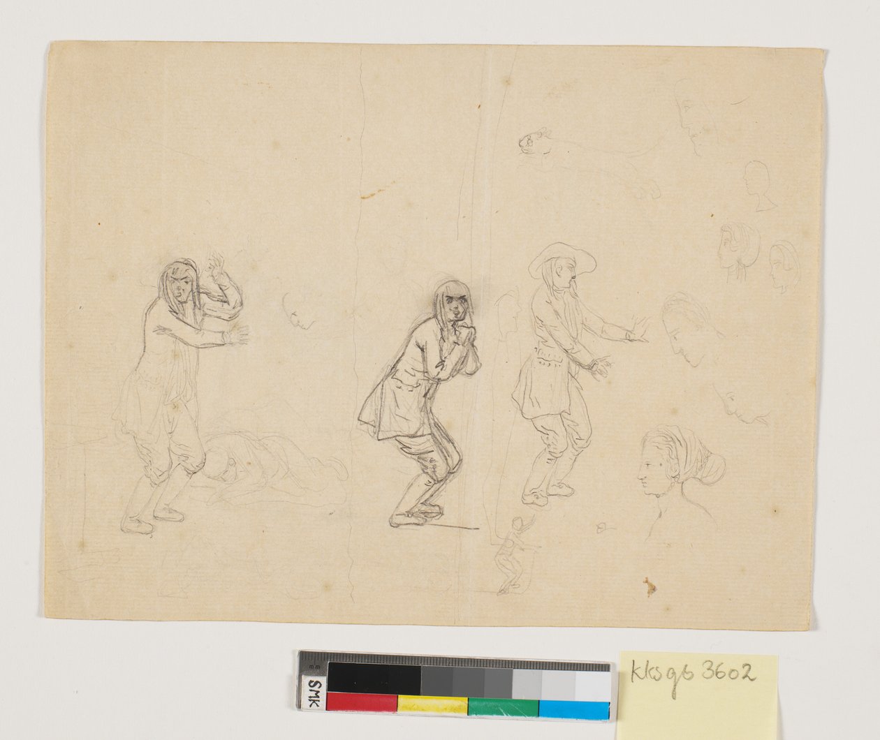 Studier af hoveder og figurer, bl.a. en mandsfigur gengivet tre gange af Nicolai Abildgaard