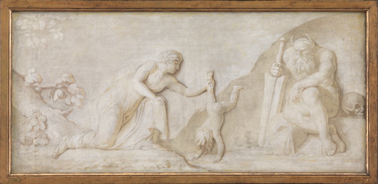 Thetis nedsænker sin spæde søn Achilles i floden Styx for at gøre ham usårlig af Nicolai Abildgaard