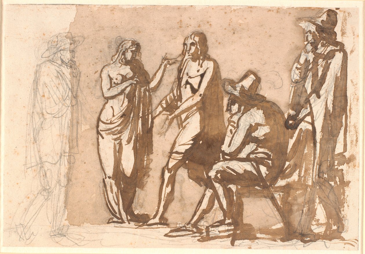 Tre herrer i 1600-tals dragter betragter et ungt klassisk par af Nicolai Abildgaard