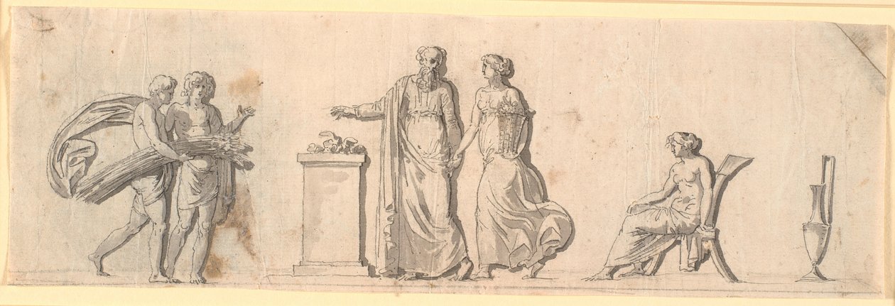 Udkast til dekoration af et felt, formodentlig en malet træplade på et møbel. Antikke figurer med blomsterkurve og neg ved et alter af Nicolai Abildgaard