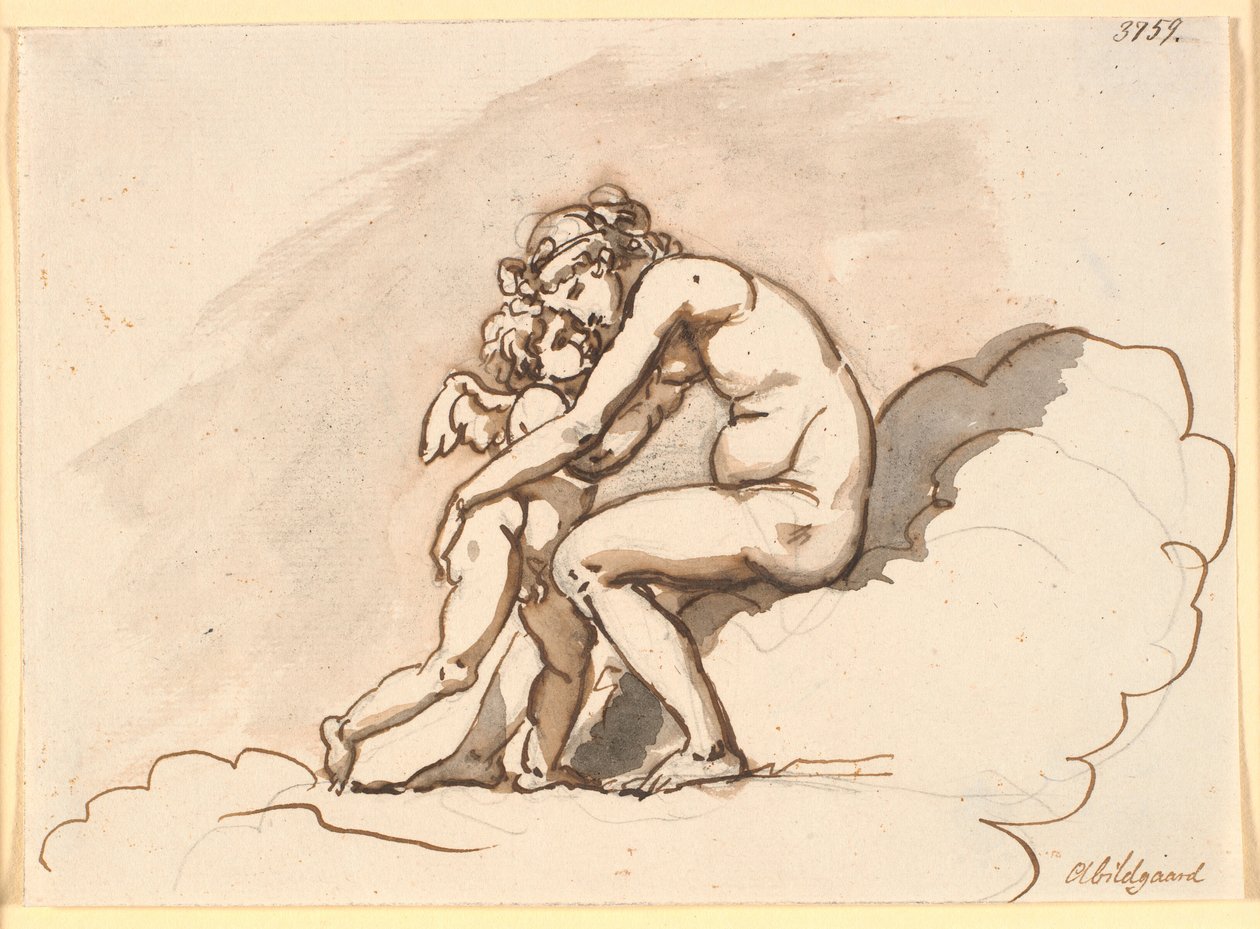 Venus, siddende i skyerne, omfavner Amor af Nicolai Abildgaard