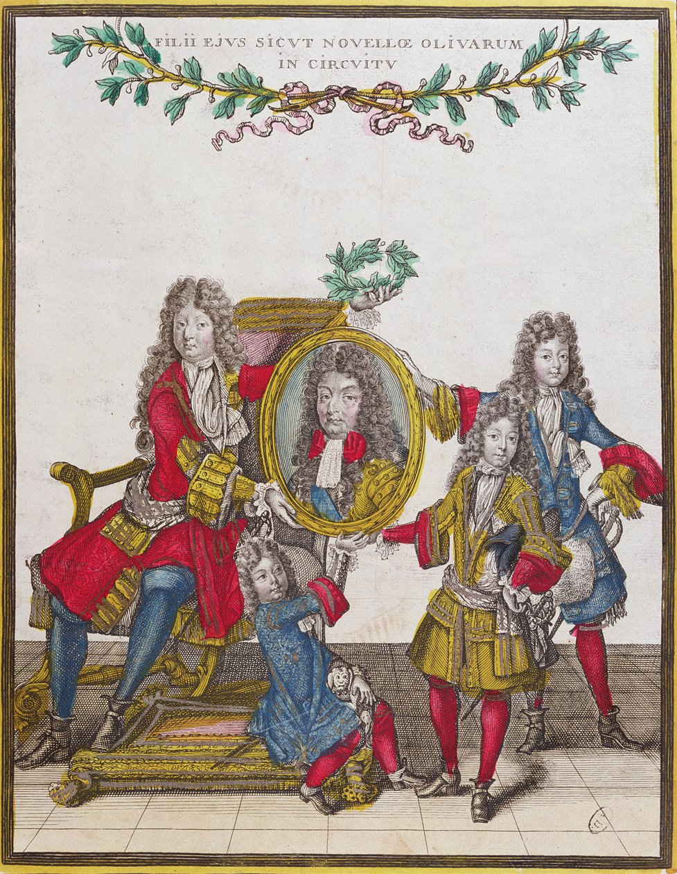 Den franske kongefamilie holder et portræt af Louis XIV, slutningen af det syttende århundrede (farvegravering) af Nicolas Arnoult