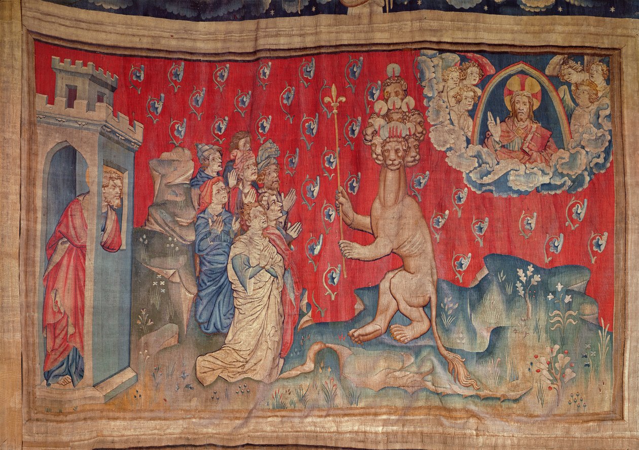 Tilbedelse af dyret, fra Apokalypse-tapetet fra Angers, 1373-87 (tapet) af Nicolas Bataille
