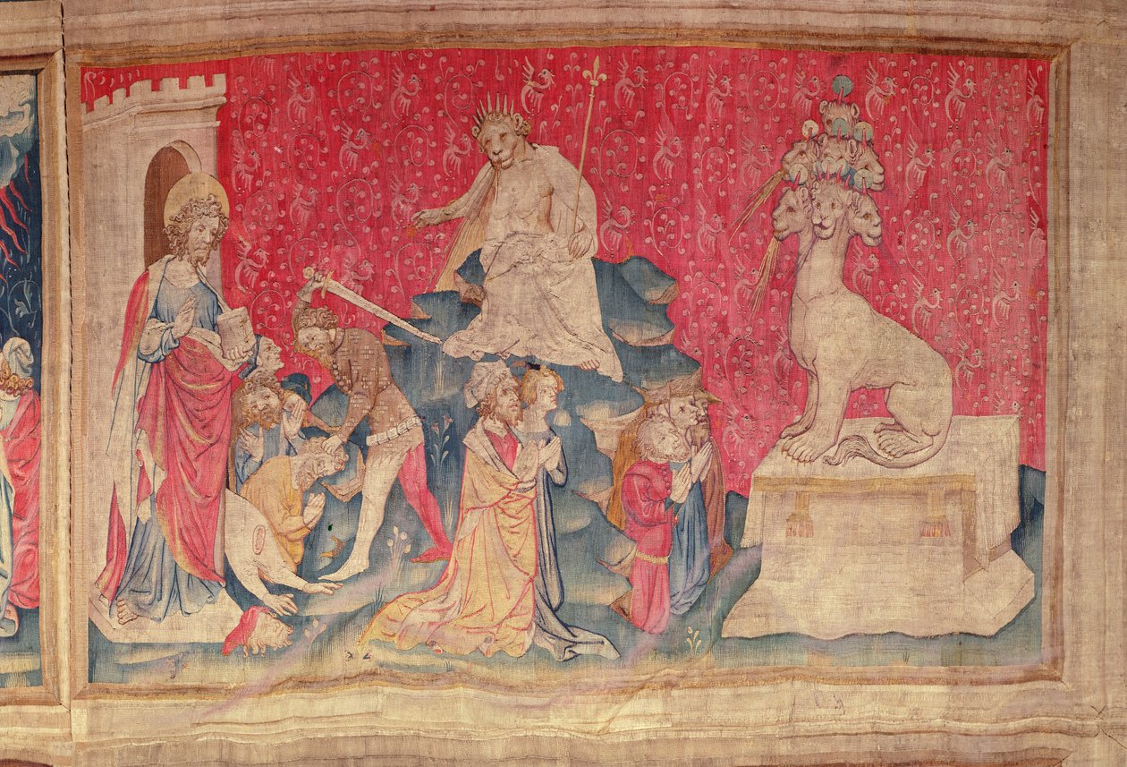 Tilbedelse af billedet af udyret, fra Apocalypse Tapestry of Angers, 1373-87 (tapet) af Nicolas Bataille