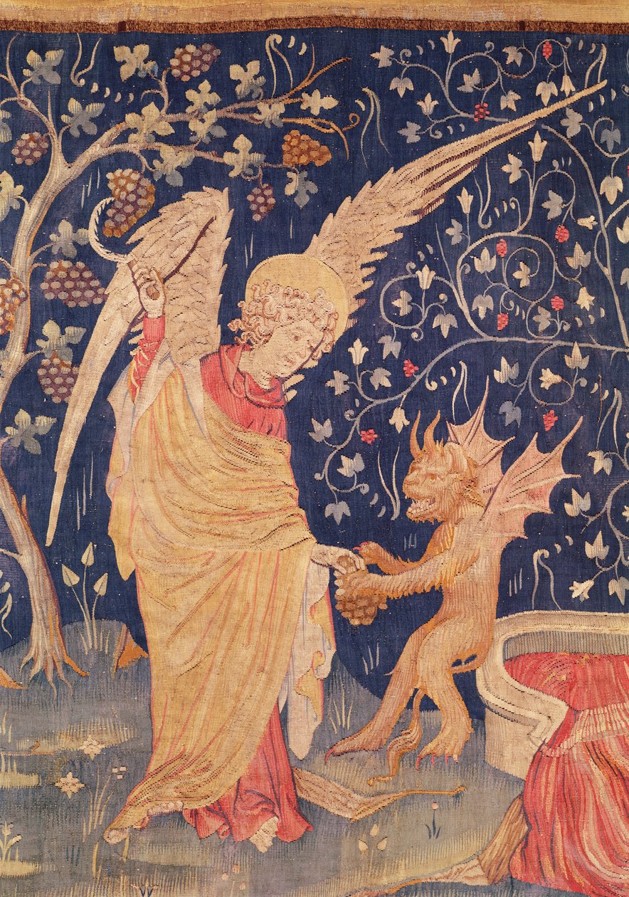 Engel med en klase vindruer og en dæmon, detalje fra Apocalypse Tapestry of Angers, 1373-87 (tapet) af Nicolas Bataille