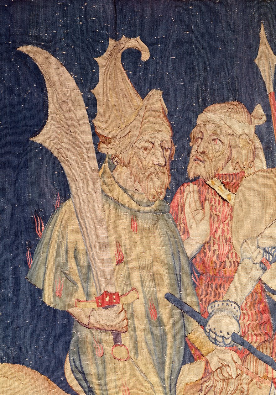Detalje af en kavaler fra Myriader af løver, fra Apokalypse-tapetet fra Angers, 1373-87 af Nicolas Bataille