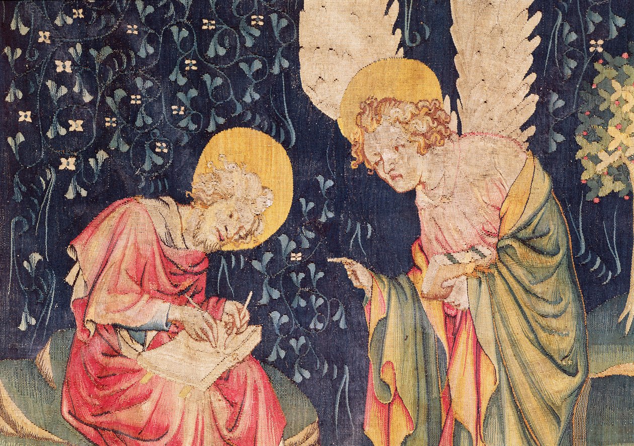 Johannes med en engel, detalje nr. 70 fra Angers Apokalypse, 1373-87 gobelin af Nicolas Bataille