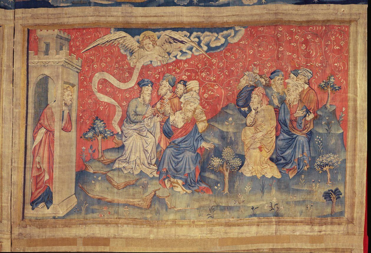 Ærkeenglen forudsiger sejr, fra Apokalypse-tapetet i Angers, 1373-87 (tapet) af Nicolas Bataille