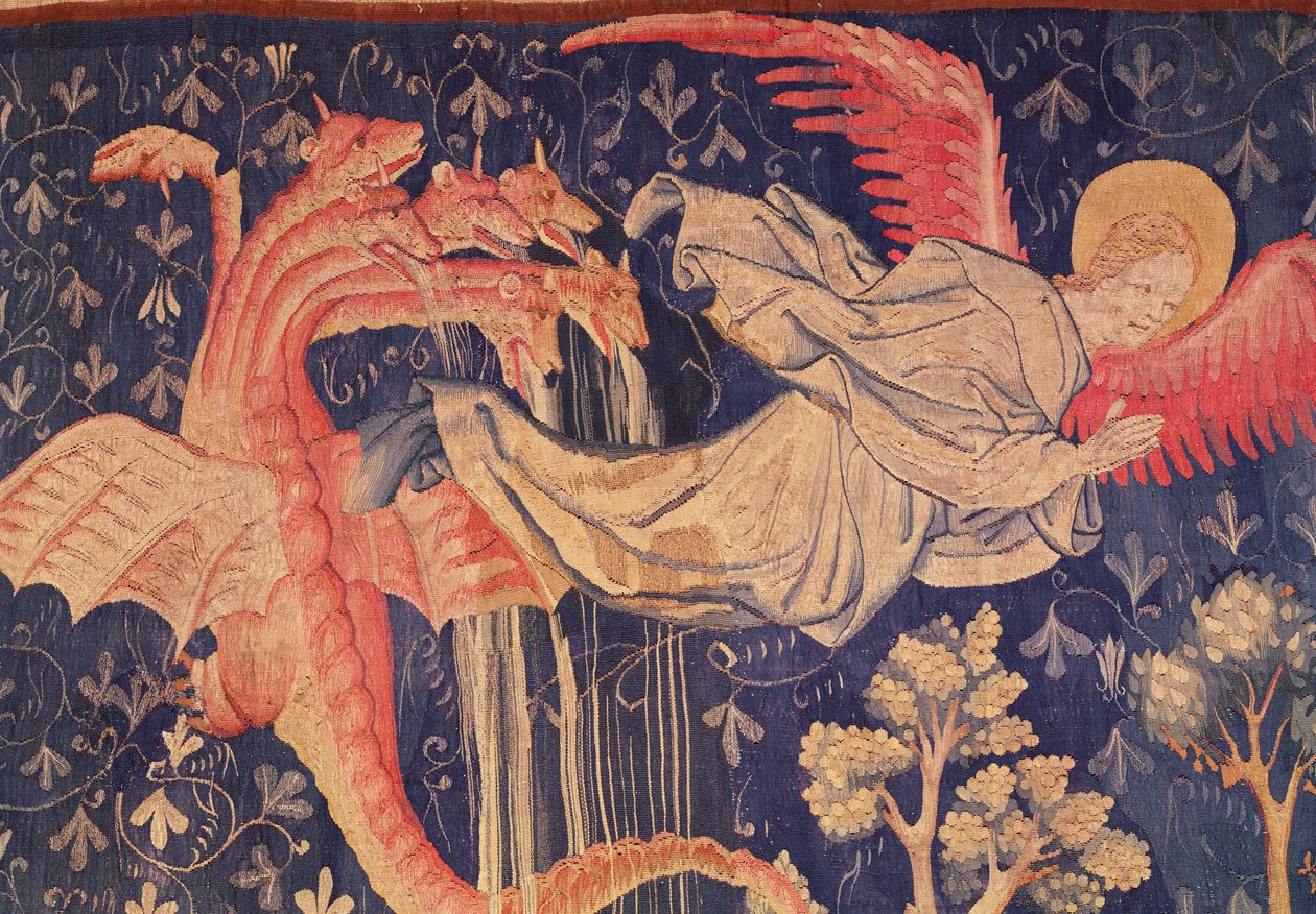 Dragen forfølger kvinden, detalje af dragen, der spytter vand, fra Apokalypsens gobelin i Angers, 1373-87 af Nicolas Bataille