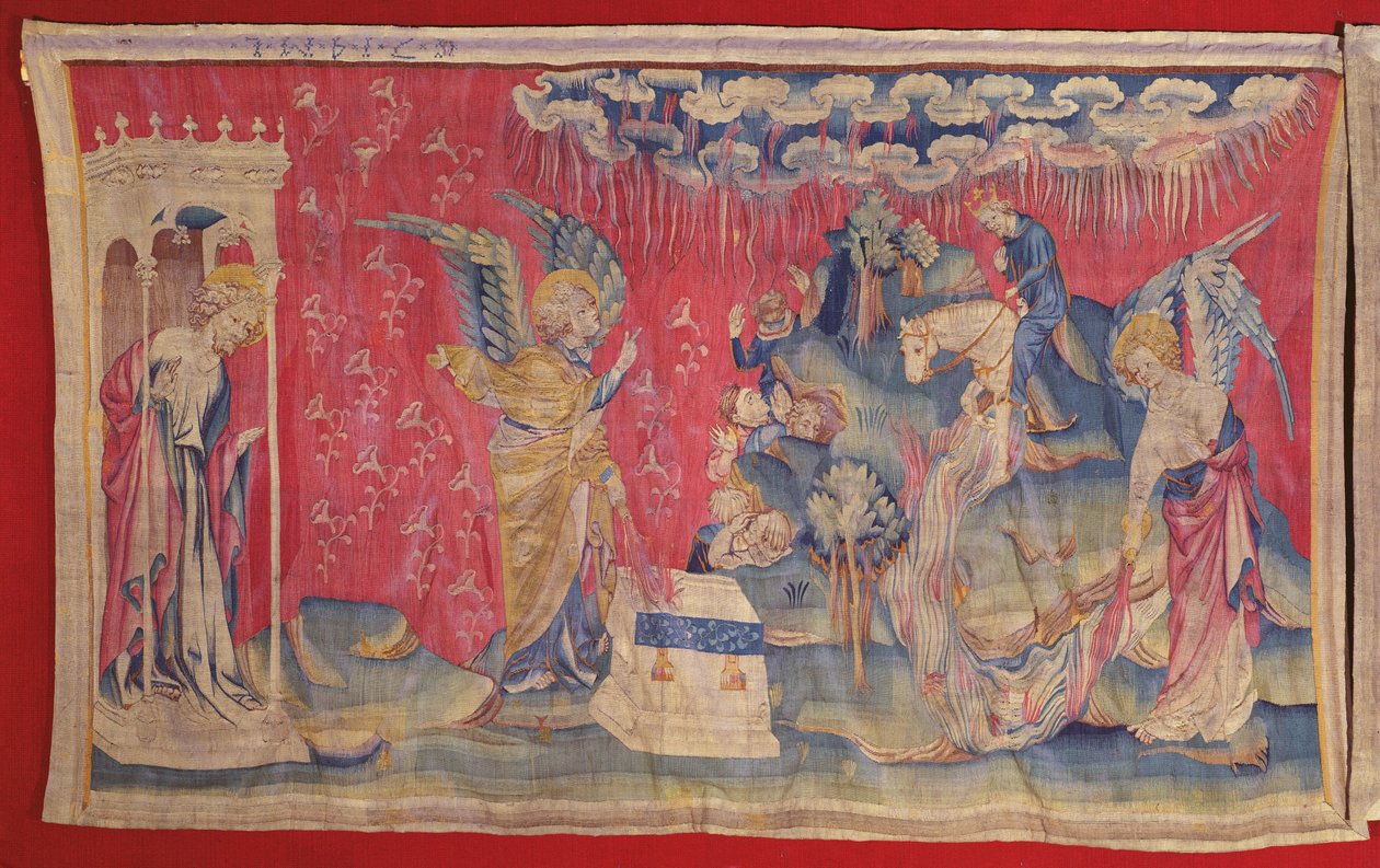 Den femte og sjette kolbe: Den femte sjette engle hælder deres kolber på tronen og i floden Eufrat, fra Apocalypse Tapestry of Angers, 1373-1387 (tapet) af Nicolas Bataille