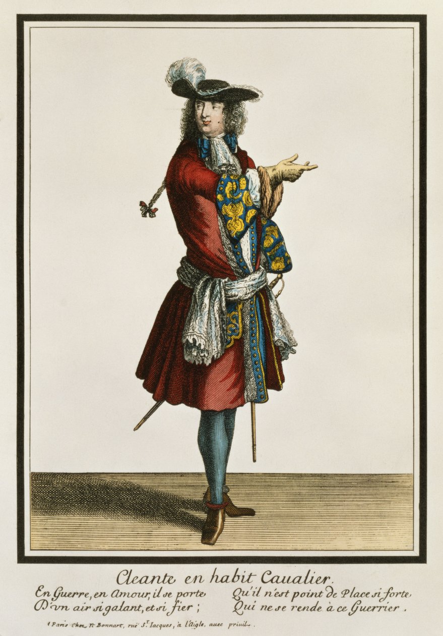 Cleante klædt som kavaler, modeplade, ca. 1695 af Nicolas Bonnart