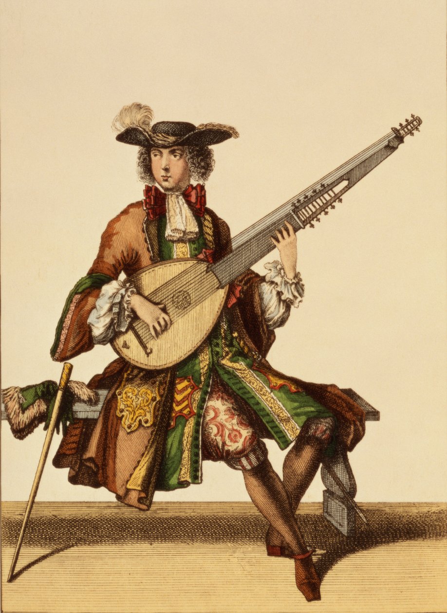 Gentleman Playing the Angelica, modeplade, ca. 1695 af Nicolas Bonnart