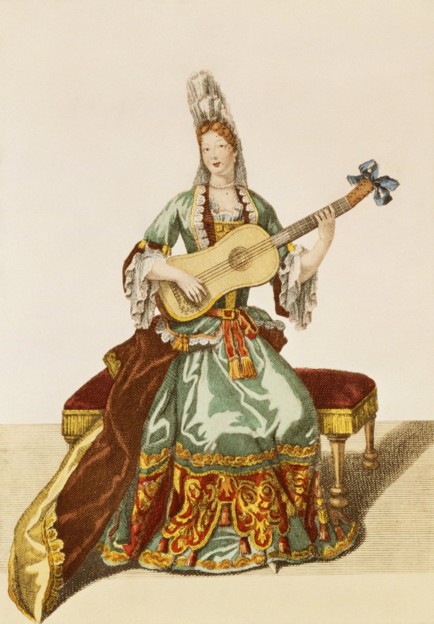 Lady of Quality Playing the Guitar, modeplade, ca. 1695 af Nicolas Bonnart
