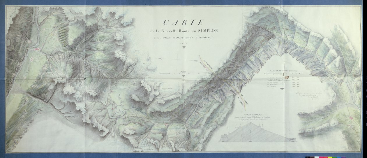 Kort over New Simplon Pass, 1803 (wc på papir) af Nicolas Ceard