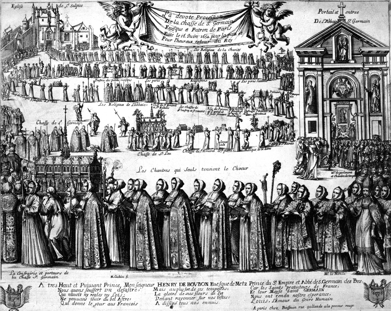 Procession af helligdommen for St. Germain og andre fra klosteret Saint-Germain-des-Prés til kirken Saint-Sulpice, Paris, ca. 1652 af Nicolas Cochin