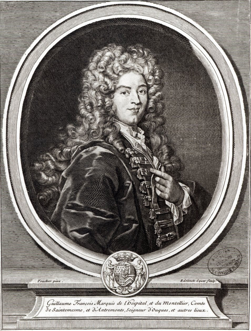 Portræt af Guillaume de LHospital (1661-1704), indgraveret af Gerard Edelinck (1640-1707) (bw foto) af Nicolas Foucher