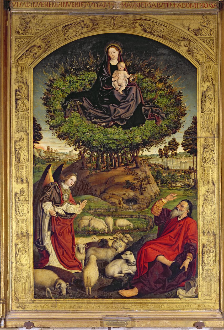 Madonna og barn, centralt panel fra Triptykonen om Moses og den brændende busk, ca. 1476 (se også 173010 og 232840-1) af Nicolas Froment