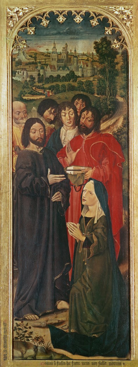 The Resurrection of Lazarus Triptykon, venstre panel af Martha knælende foran Kristus, 1461 af Nicolas Froment