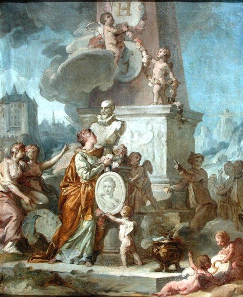 Allegorisk scene omkring busten af Henri IV (1553-1610) Kongen af Frankrig og portrætmedaljonen af Comtesse de Gramont, 1776 af Nicolas Guy Brenet