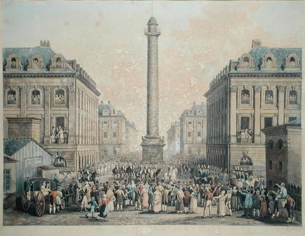 Charles-Ferdinand de France (1778-1820) Duc de Berry vender tilbage til Tuilerierne gennem Place Vendome, 1814 (pen & blæk og wc på papir) af Nicolas Joseph Vergnaux