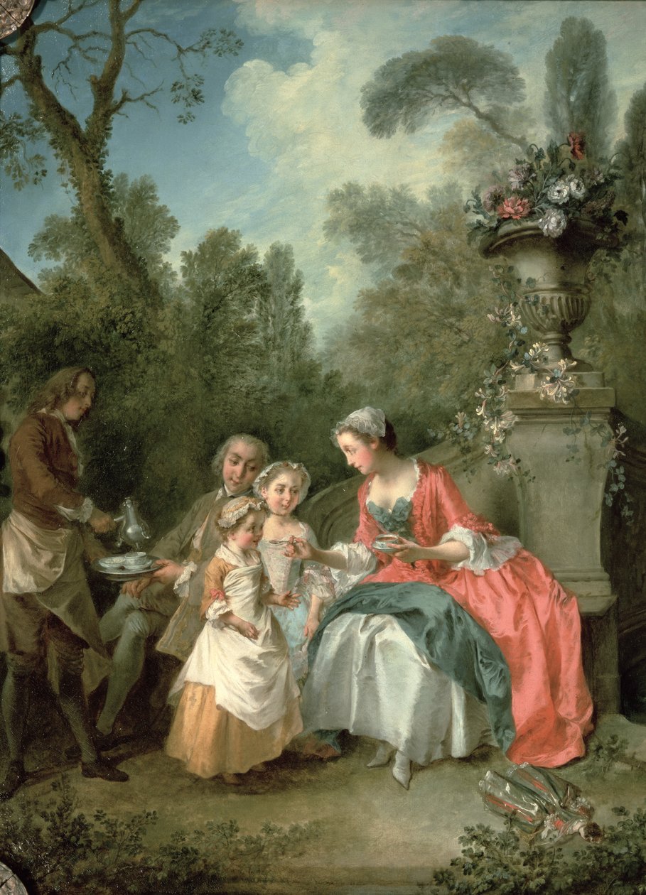 En dame og en herre i haven med to børn o. 1742 olie på lærred detalje af 29887 af Nicolas Lancret