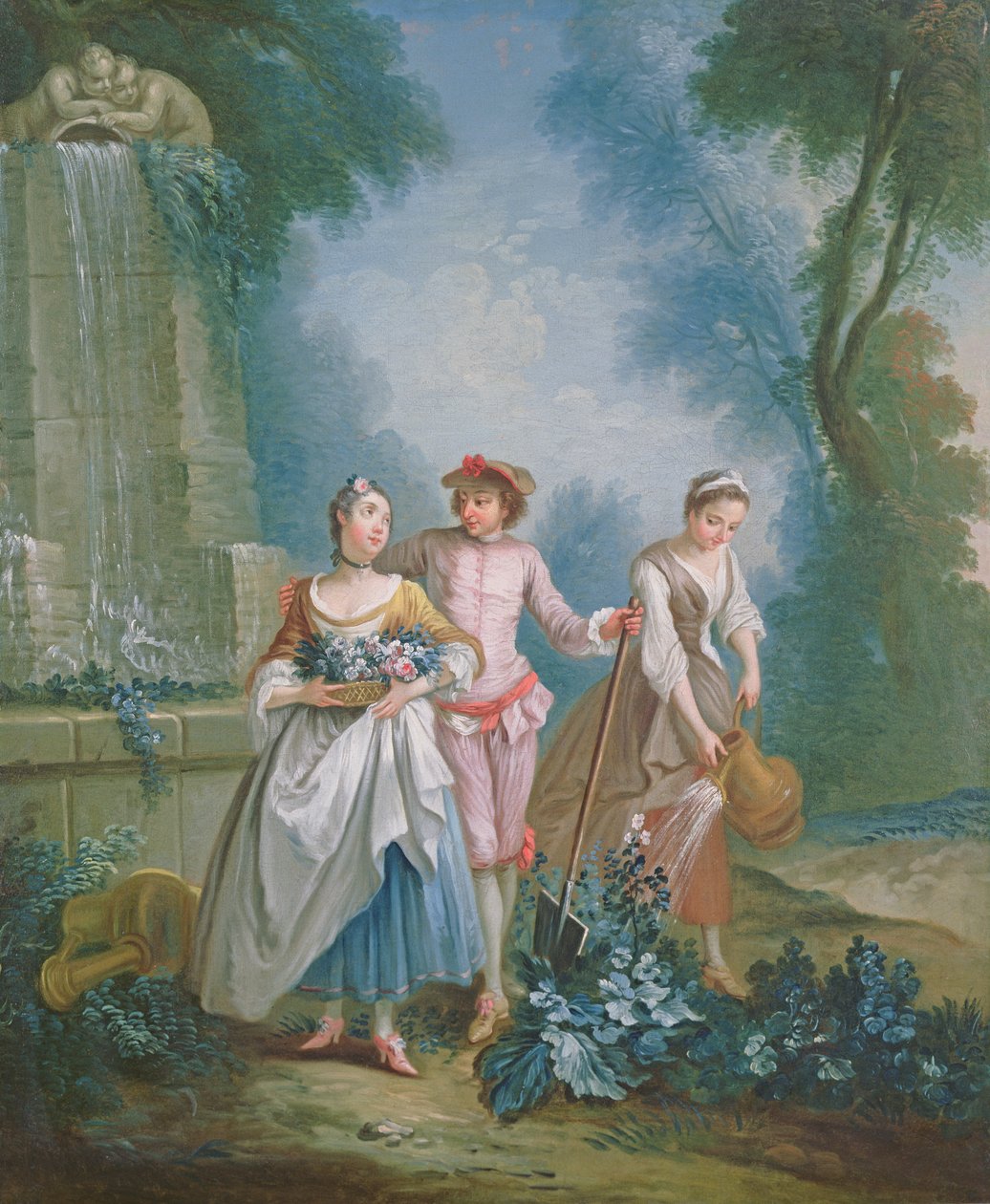 En allegori om sommeren: Gartnere, der vander et blomsterbed af Nicolas Lancret