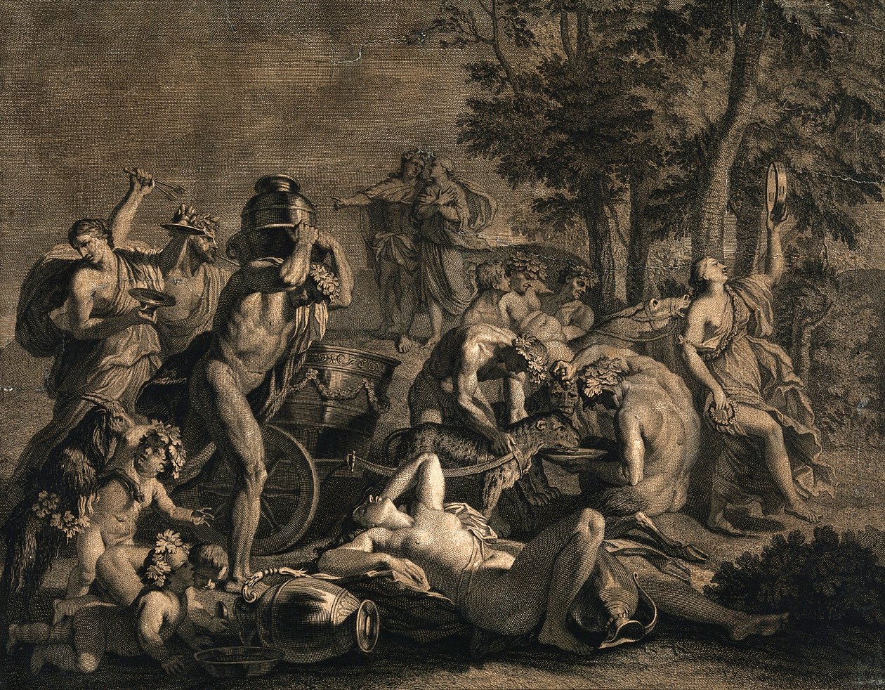 En bacchanalian samling med leoparder trækker af Nicolas Poussin