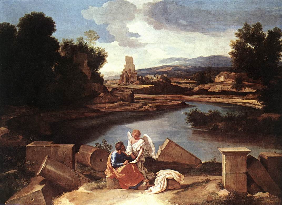 Landskab med St Matthew og englen af Nicolas Poussin
