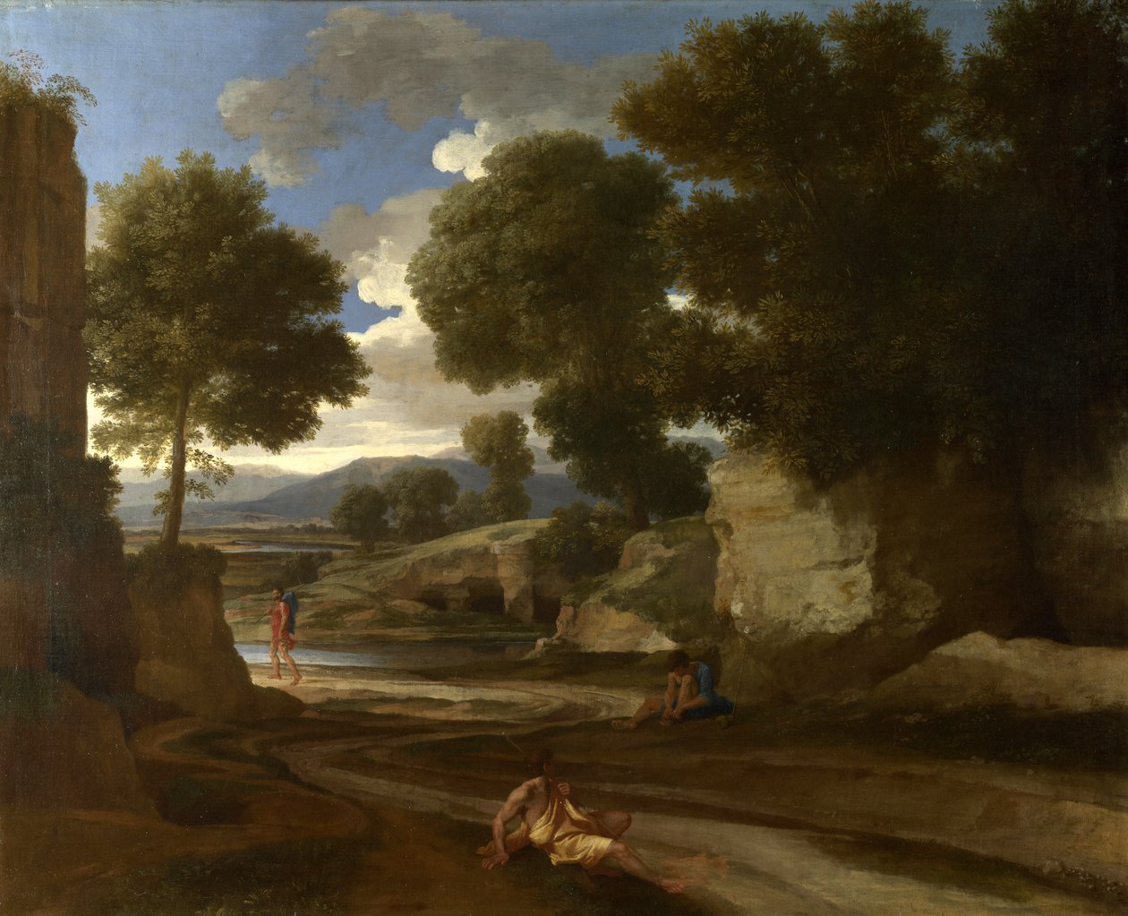 Landskab med hvilende rejsende, ca. 1638 af Nicolas Poussin