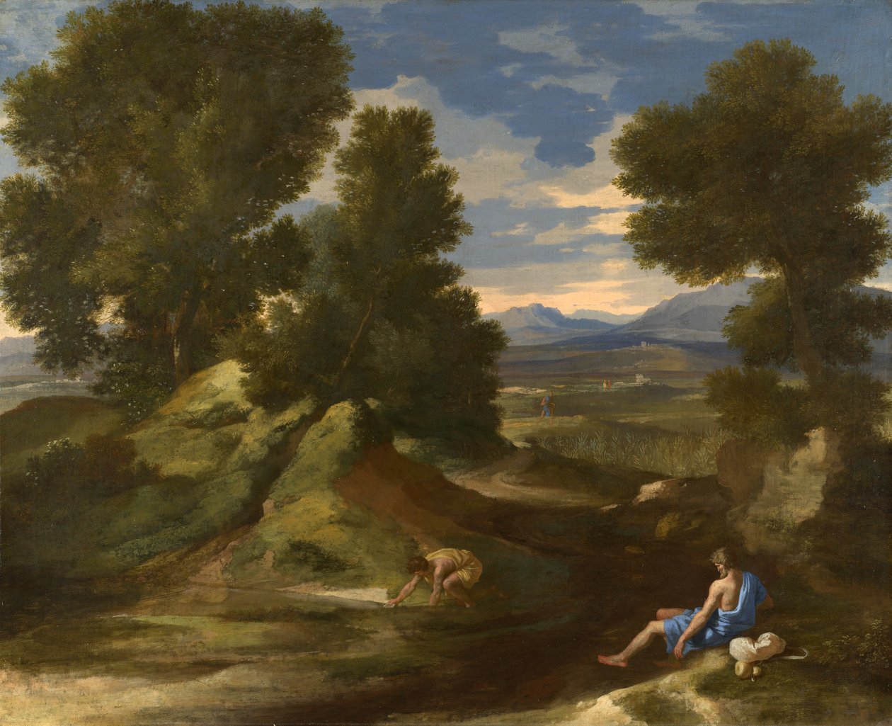 Landskab med en mand, der øser vand fra en å, ca. 1637 af Nicolas Poussin