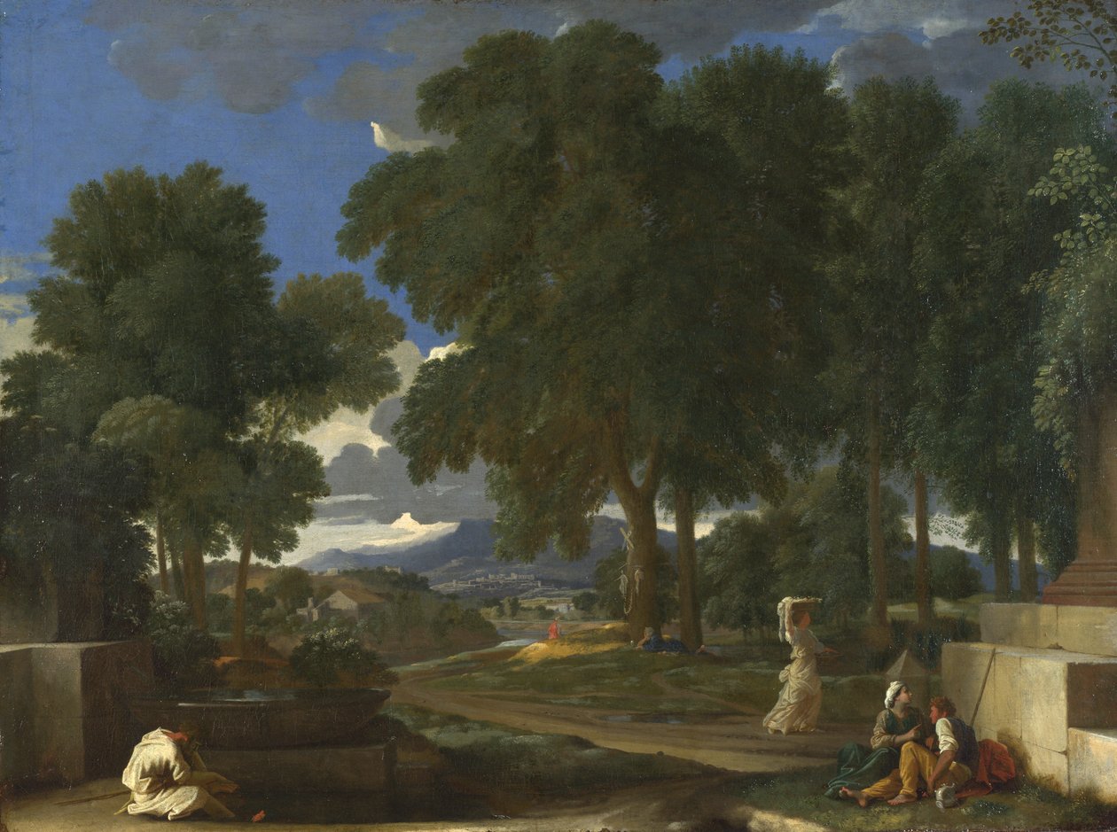 Landskab med en mand, der vasker sine fødder ved et springvand, 1648 af Nicolas Poussin