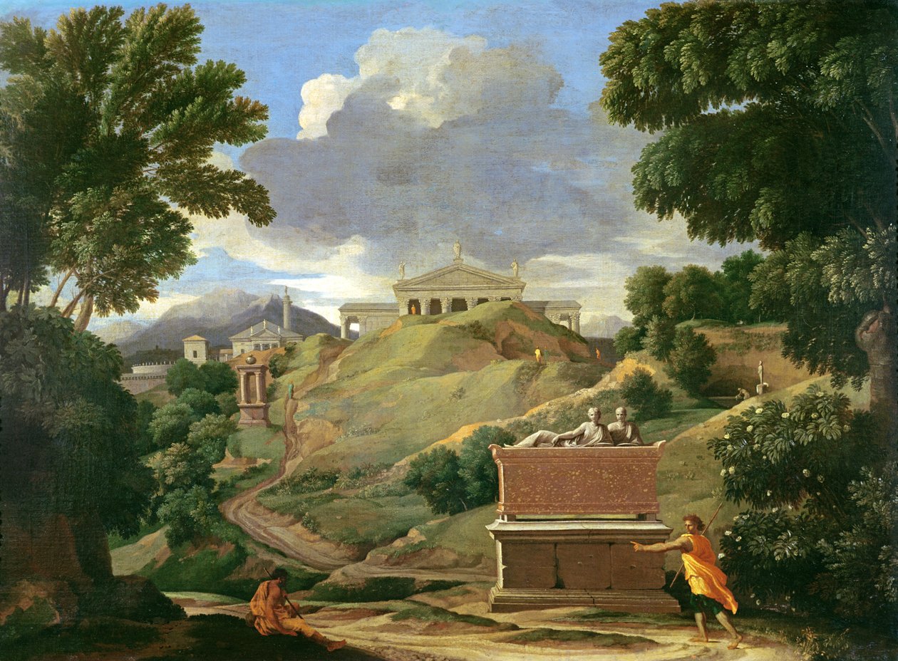 Landskab med klassiske ruiner og etruskisk sarkofag, ca. 1634 af Nicolas Poussin