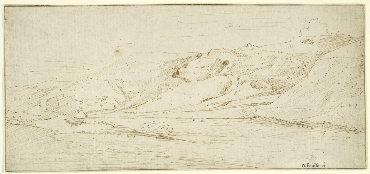 Bjerget landskab med to huse (pen og blæk med vask på papir) af Nicolas Poussin