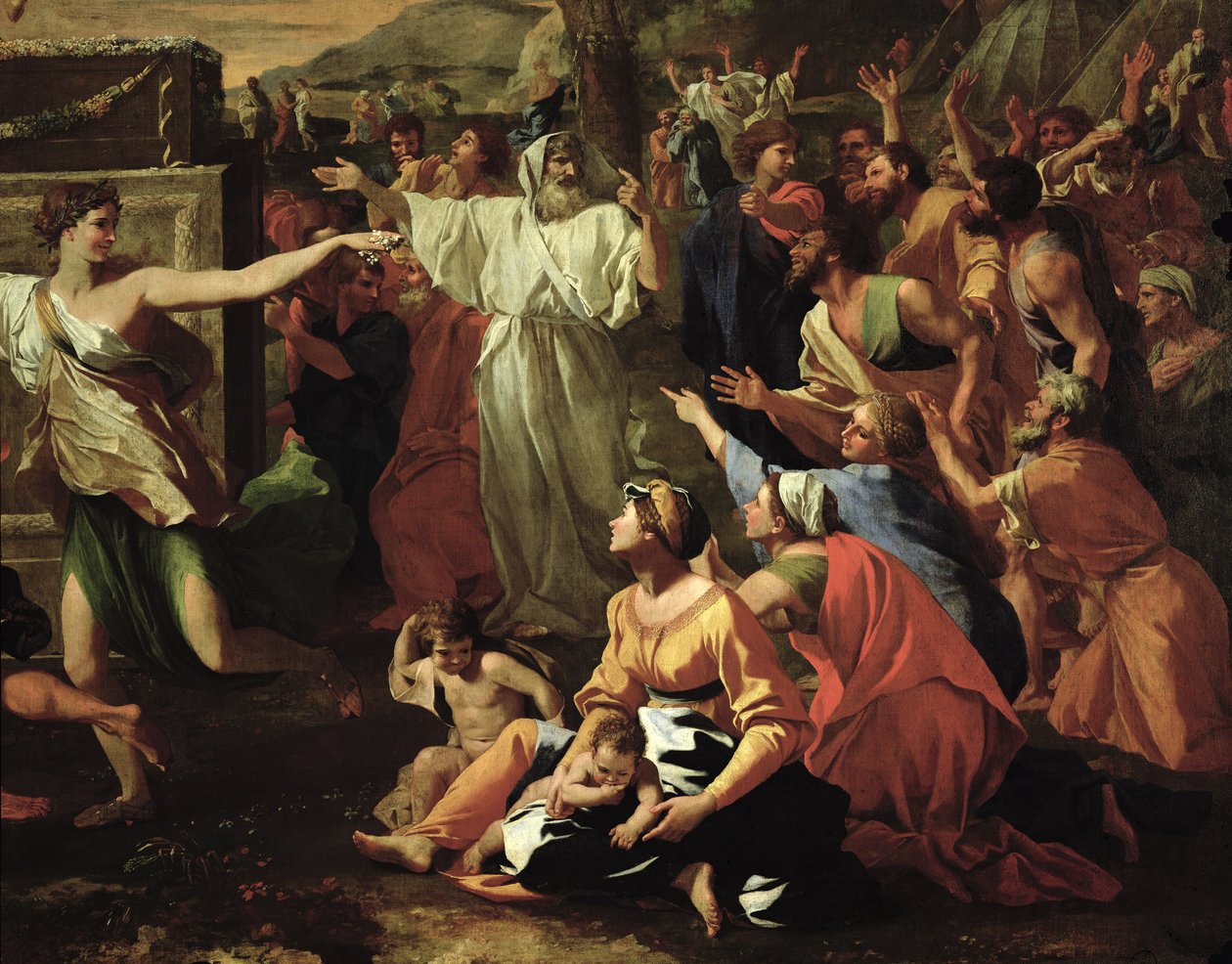The Adoration of the Golden Calf, før 1634 olie på lærred detalje fra 3738 af Nicolas Poussin