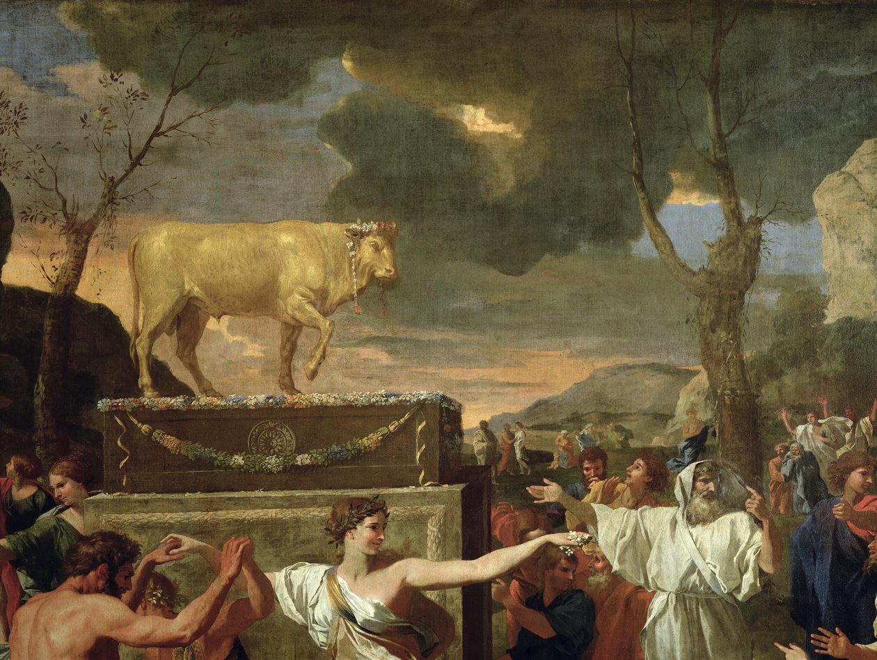 The Adoration of the Golden Calf, før 1634 olie på lærred detalje fra 3738 af Nicolas Poussin