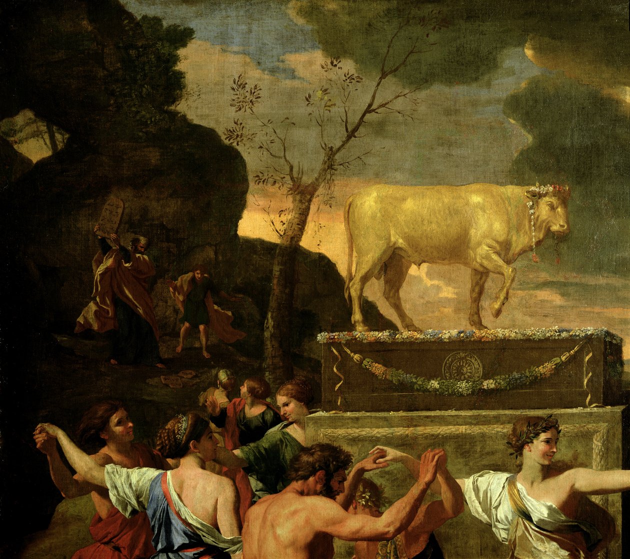 The Adoration of the Golden Calf, før 1634 olie på lærred detalje fra 3738 af Nicolas Poussin