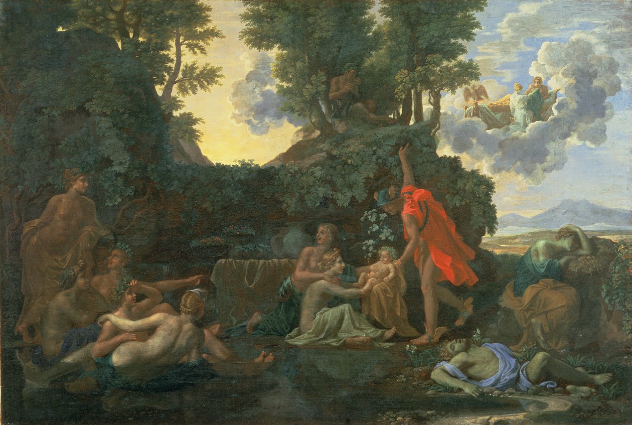 Spædbarnet Bacchus betroet Nysas Nymfer; Ekkoets og Narcissens død, 1657 af Nicolas Poussin