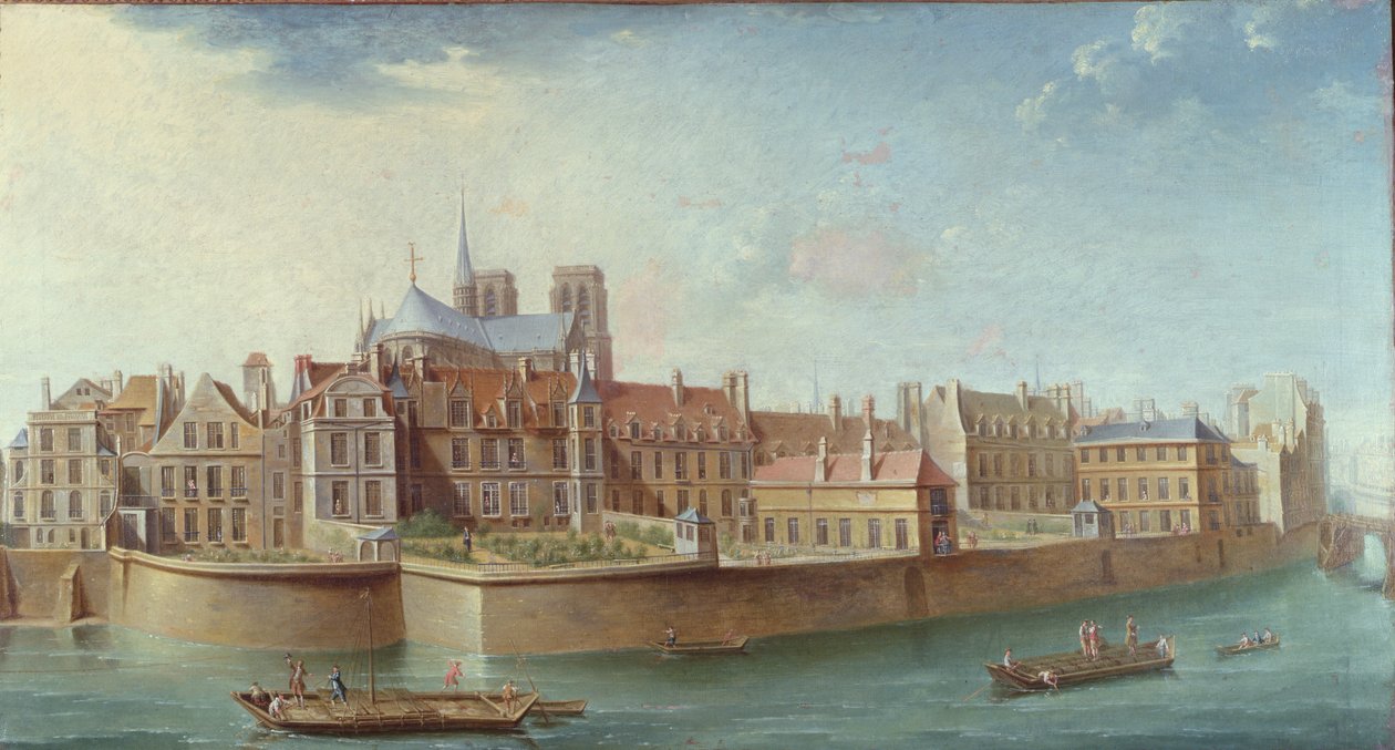 Udsigt over Ile de la Cite fra Ile St. Louis, Paris af Nicolas Raguenet