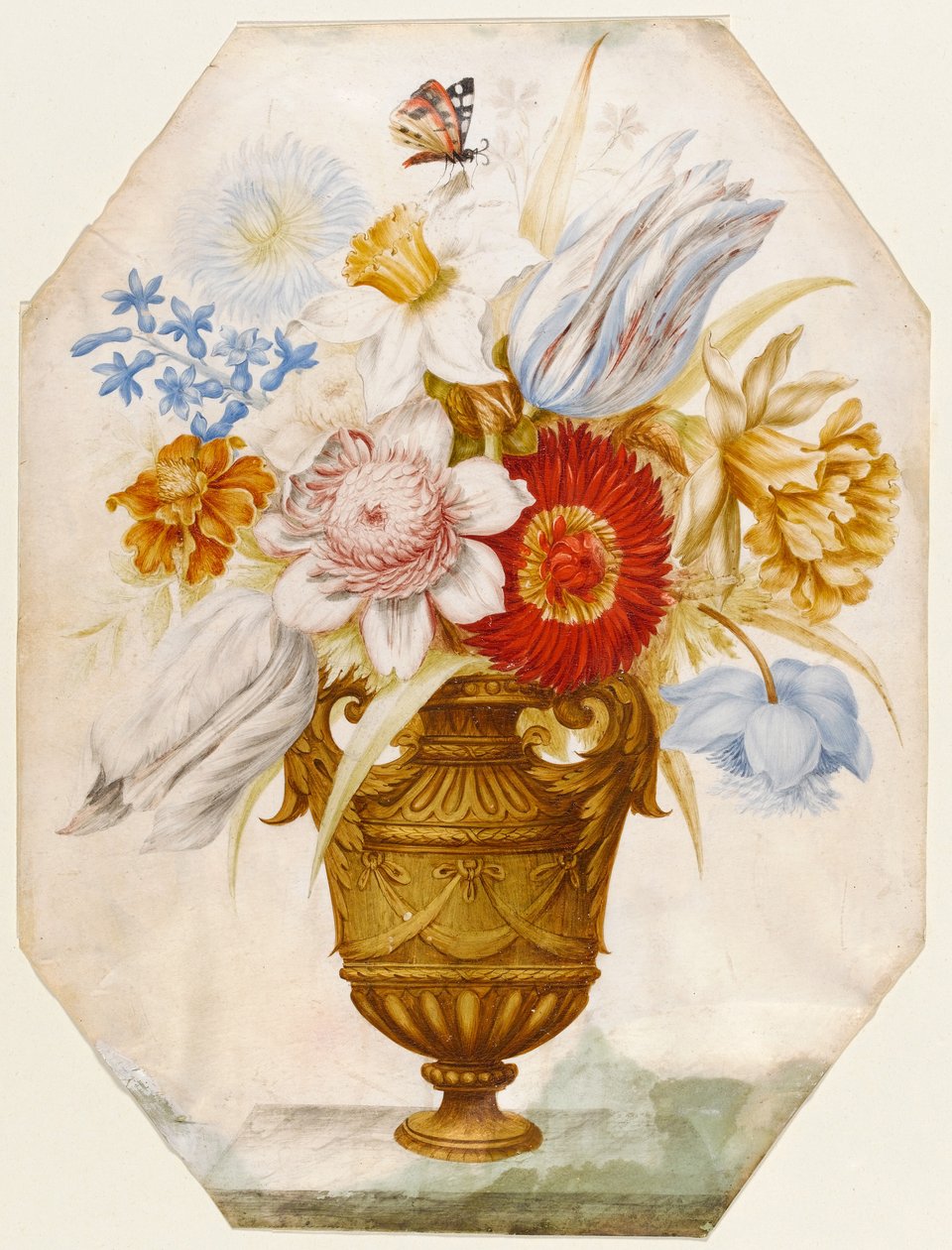 Stilleben af blomster i en vase, der står på en afsats med en sommerfugl hvilende på narcisser (wc og gouache på vellum) af Nicolas Robert